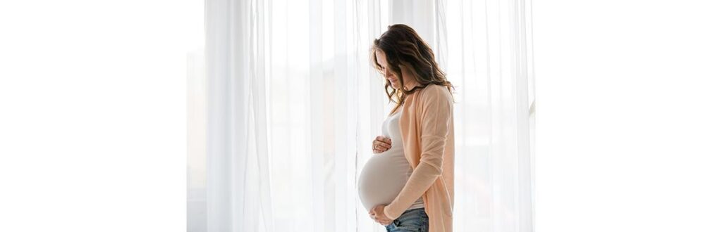 Portrait of young pregnant attractive woman, standing by the window