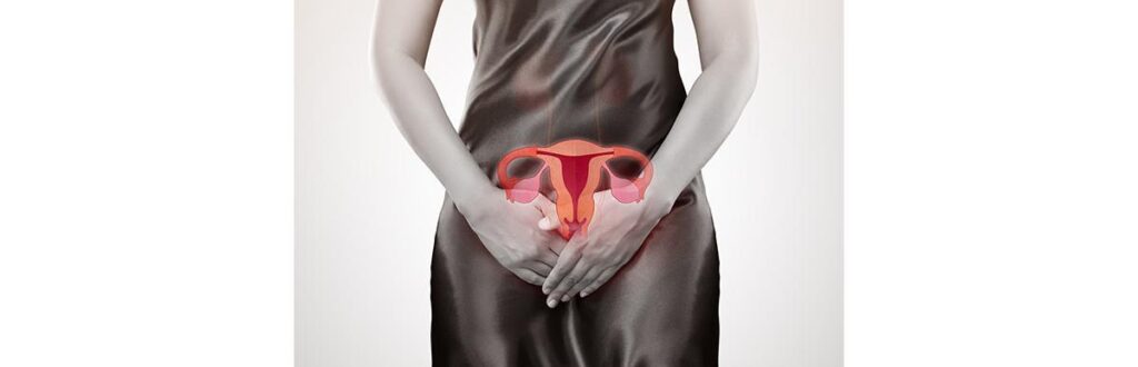 Woman with hands holding her crotch. Human reproductive system. Female anatomy concept.