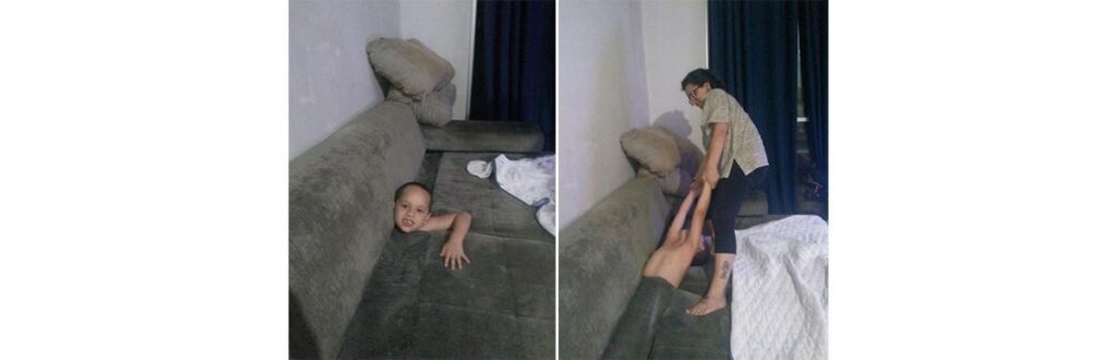 Menino apronta e fica preso dentro do sofá