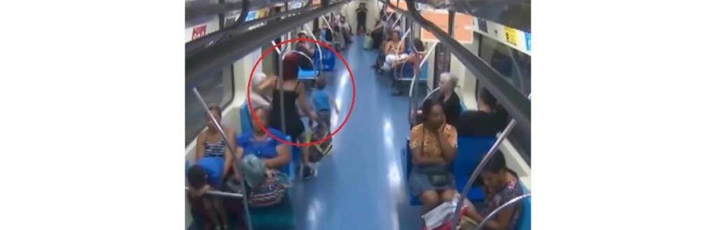 Momento exato em que Linéia abaixa para pegar a bolsa e Luan sai correndo