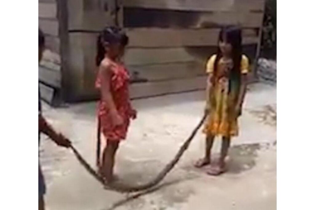 O vídeo mostra as crianças brincando com a cobra