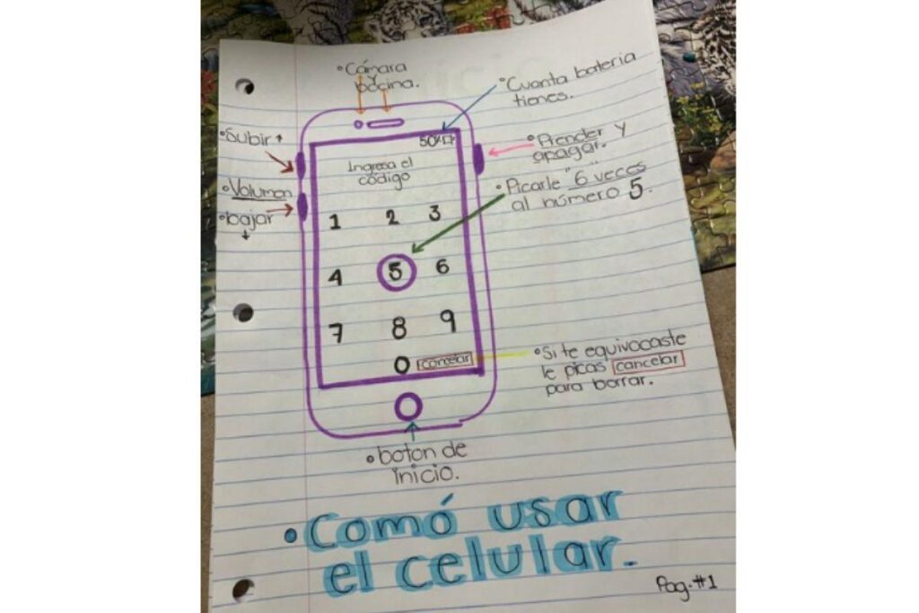 Neta desenhou passo a passo das funções de um celular para a avó.