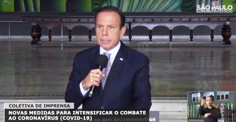 Governador de São Paulo, João Doria, em novo pronunciamento à imprensa