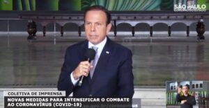 Governador de São Paulo, João Doria, em novo pronunciamento à imprensa