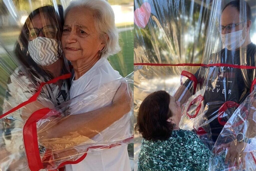 Túnel do abraço aproxima idosos de uma casa de repouso dos familiares