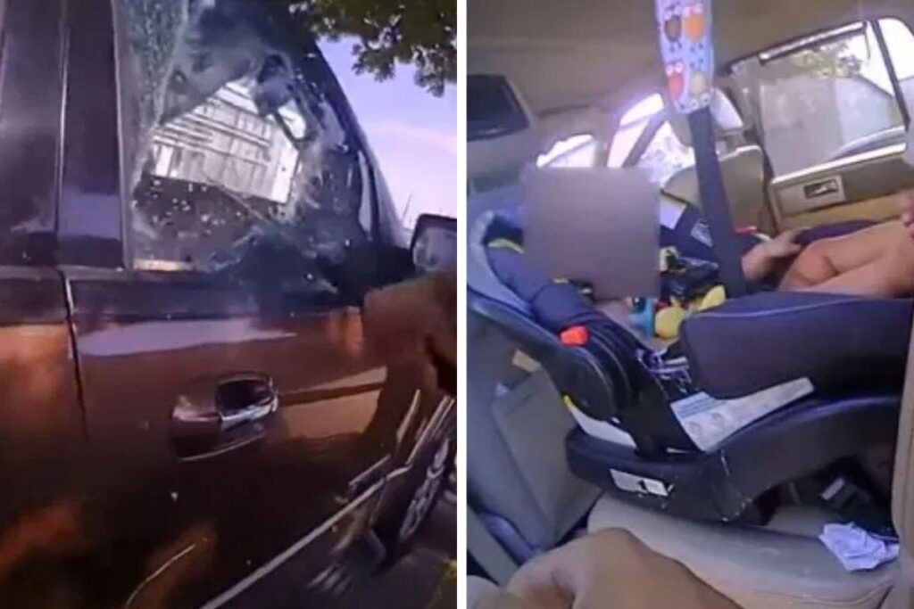 Bebê de um ano de idade de um carro trancado