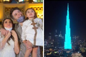 O casal observa ansioso enquanto o enorme show de luzes começa