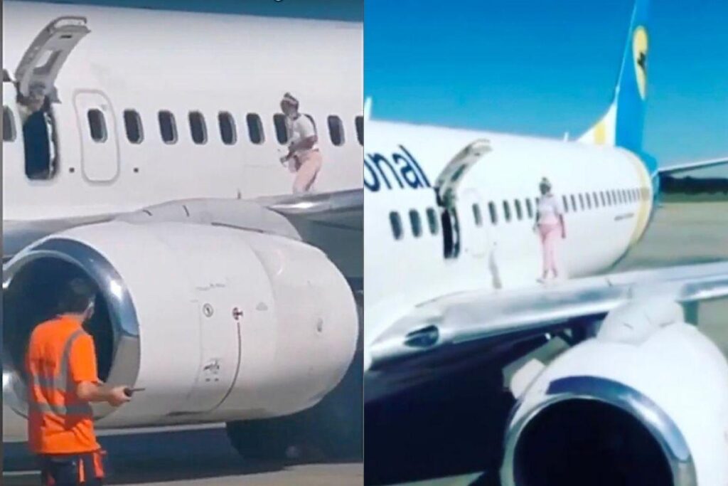 Ela saiu pela asa do avião