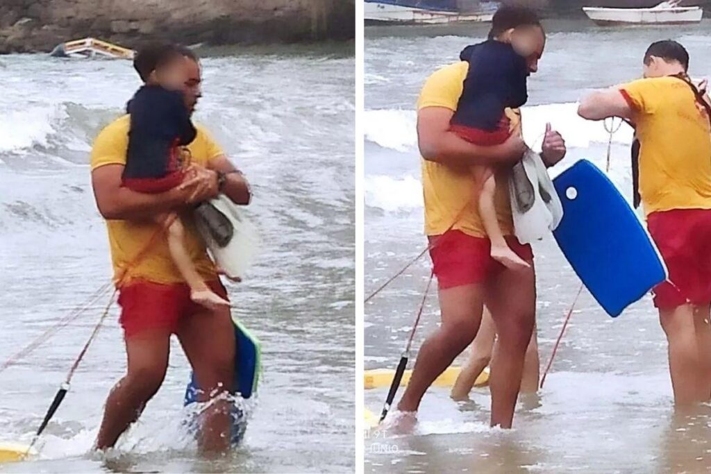 Bombeiro com criança nos braços, enxugando as lágrimas ao salvá-la