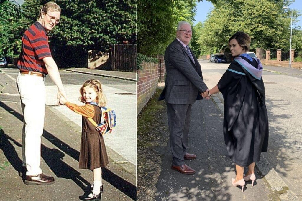 Na primeira imagem, eles aparecem prontos para o primeiro dia de aula da filha
