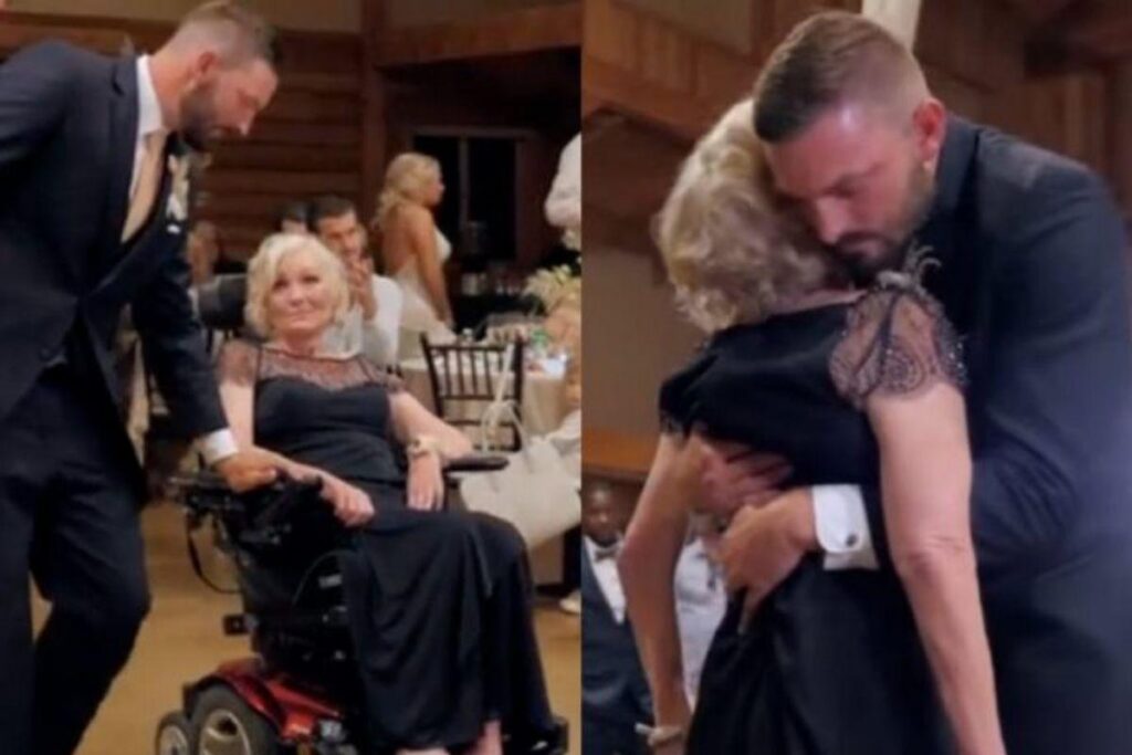 Filho levanta a mãe da cadeira de rodas para dançar em casamento