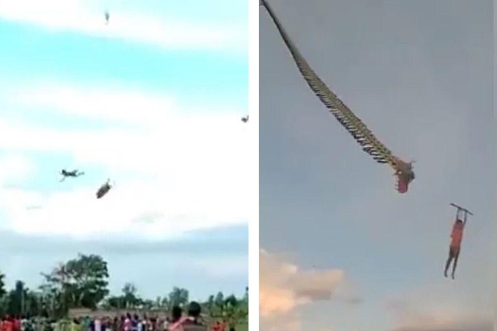 O menino ficou suspenso após se enroscar na pipa