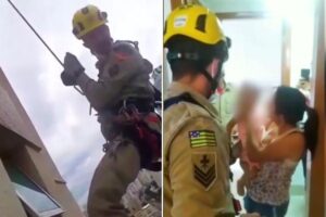 Bebê fica preso em banheiro após travar porta com gaveta, e bombeiro faz rapel em prédio para resgatá-lo