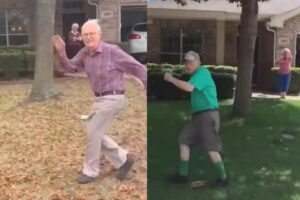 O avô faz questão de sempre correr para se despedir da neta