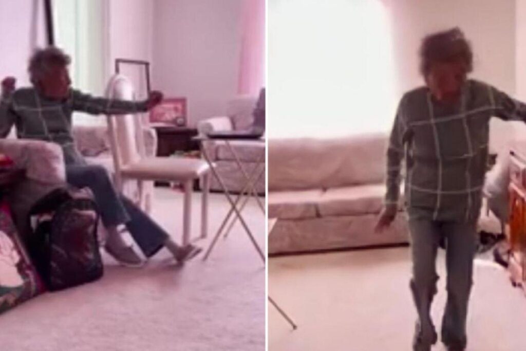 Julia Fulkerson, 102 anos, dançando durante aula de ginástica online do bisneto