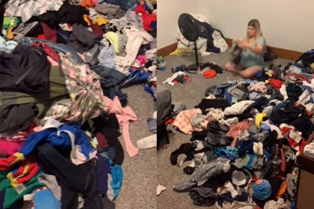 Britni Church compartilhou uma sequência de vídeos no TikTok mostrando a quantidade de roupas para lavar