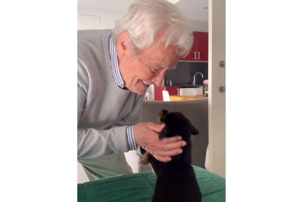 O avô ganhou um filhote de cachorro como presente do neto
