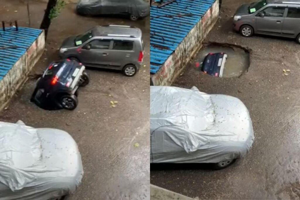 O carro de uma família foi engolido por um buraco, na Índia