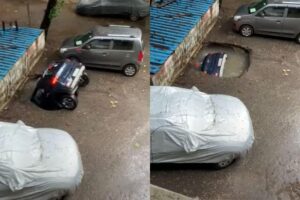 O carro de uma família foi engolido por um buraco, na Índia