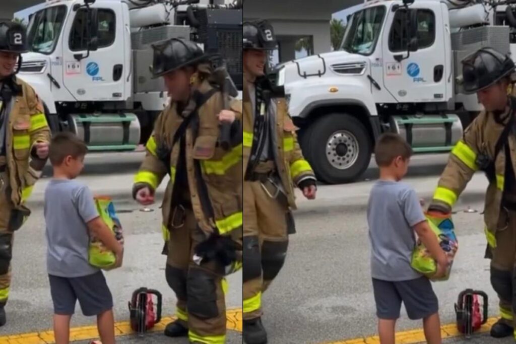 David distribui doces para os bombeiros que ajudam o resgate em Miami