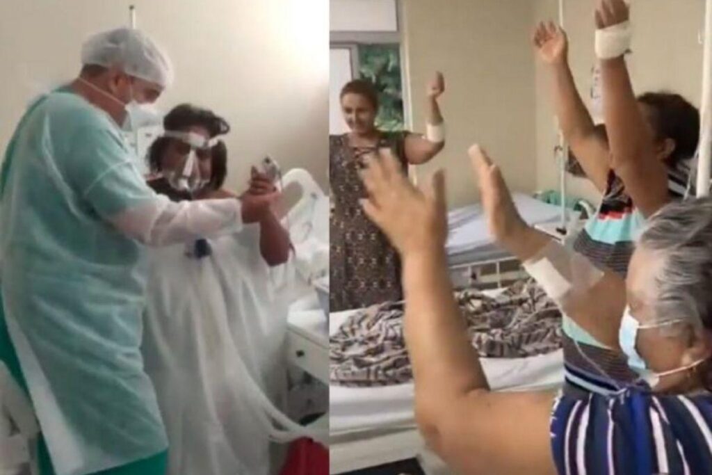 Fisioterapeuta dança quadrilha com pacientes