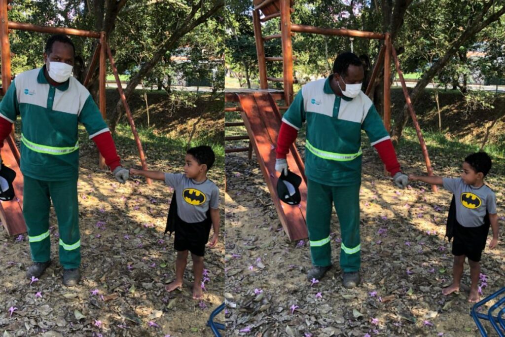 Gael corre para agradecer o Gari que mantem a praça limpa