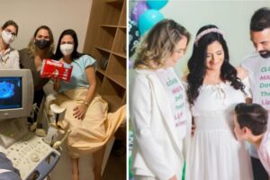 Andrezza, a irmã Emmanuela e o pai da criança