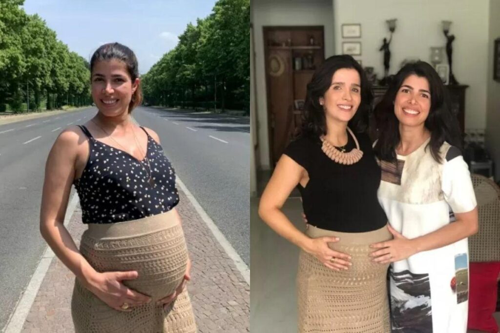 A irmã compara o tamanho da barriga com fotos, ao estarem no mesmo estágio de gestação