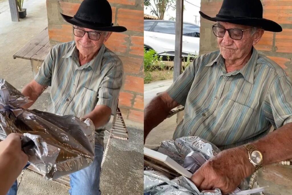 Avô se emociona ao ver foto ao lado dos pais