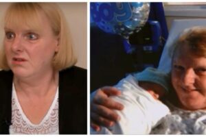 Momento em que Louise recebe o filho William no colo pela primeira vez