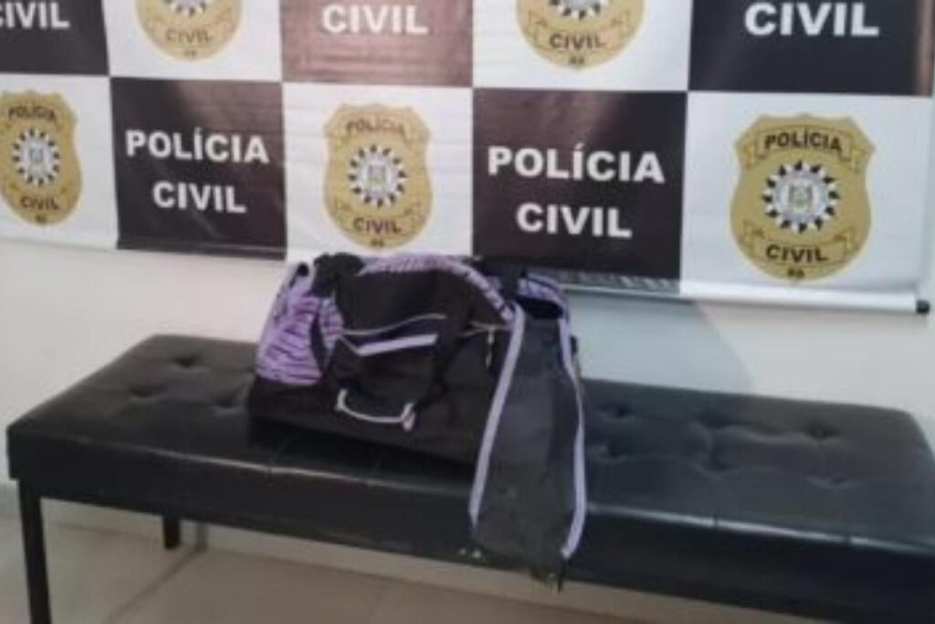 A mala que foi usada para transportar o corpo da criança