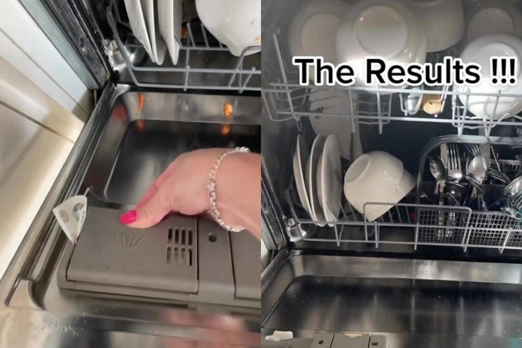 Carrie mostrou o momento em que coloca a nota na máquina de lavar louça