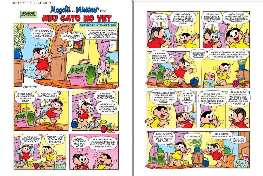 HQ da Turma da Mônica sobre cuidados com os gatos. Página 1 e 2