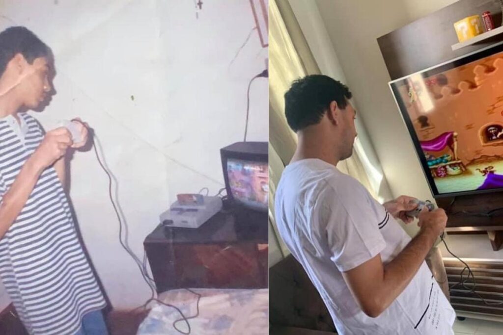 Edgar jogando o mesmo jogo, com 25 anos de diferença