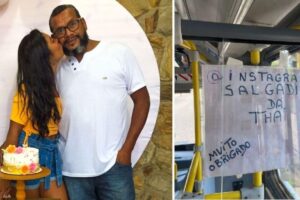 O cartaz foi colado na entrada do ônibus