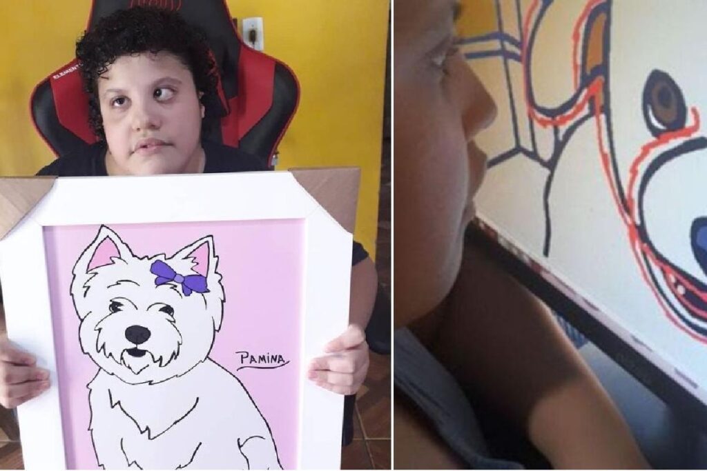Pedro Rosa Santos com Síndrome Charge mostra talento em desenhos no paint