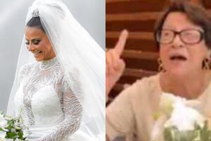 Dona Neuza apareceu nos Stories da filha reclamando da fenda do vestido de noiva