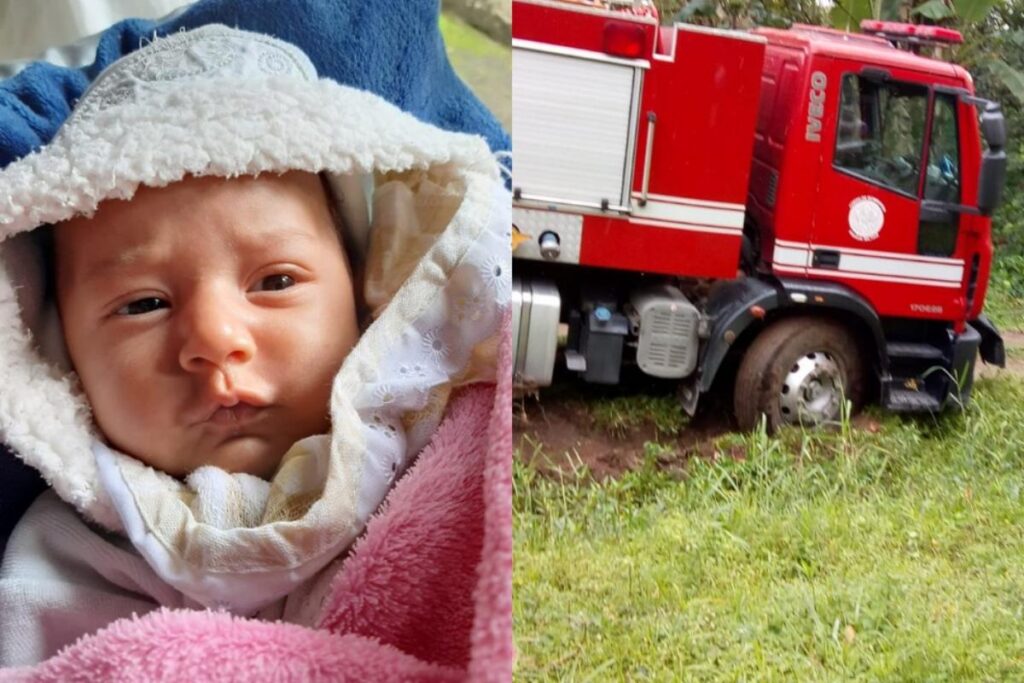 O caminhão de bombeiros ficou atolado na terra
