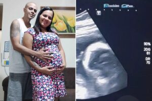 Felipe Moreira Santos com bebê que fez ‘V’ no ultrassom