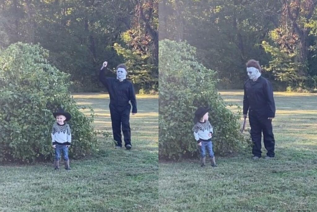 O menino teve a melhor reação após Michael Myres, do filme Halloween, durante a sessão de fotos