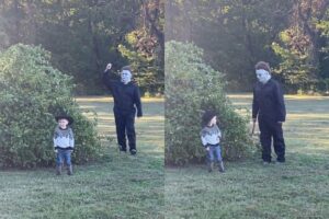 O menino teve a melhor reação após Michael Myres, do filme Halloween, durante a sessão de fotos