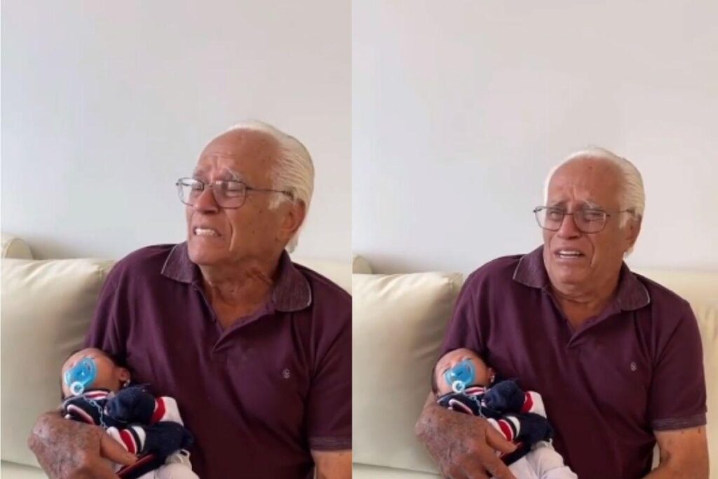 Homem chora ao se encontrar com o bisneto pela primeira vez