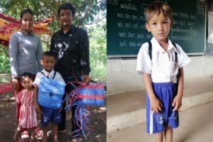 Pai faz mochila para filho ir à escola