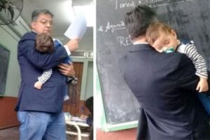 Professor cuida do filho de aluna para que ela possa fazer as atividades e dá show de empatia