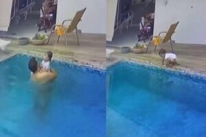 Bebê cai na piscina e é salva a tempo