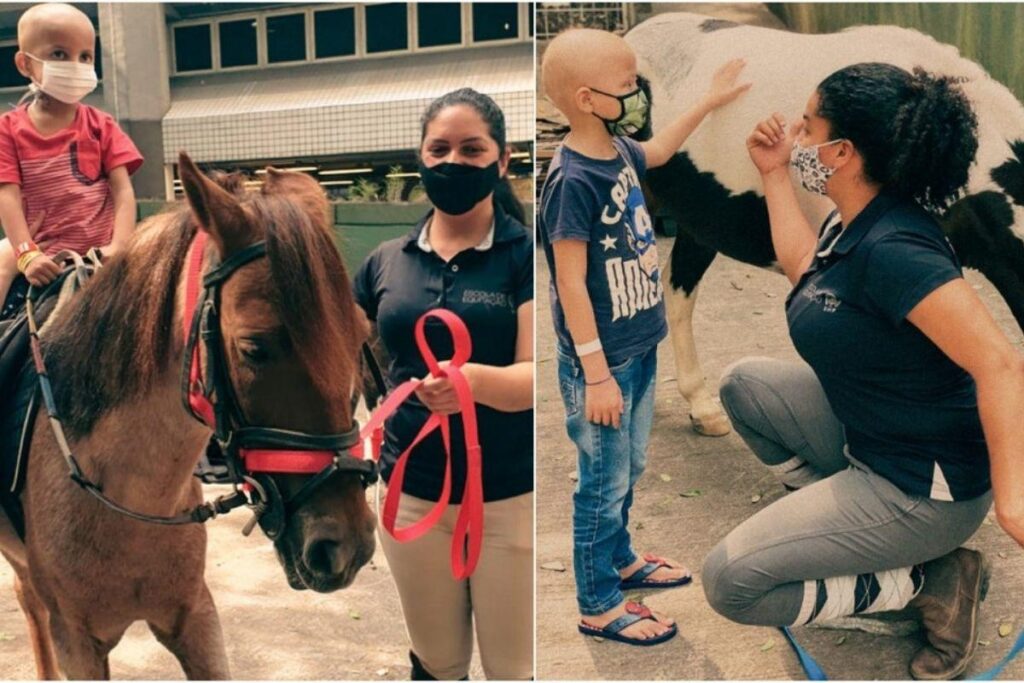 Bryan ao lado do pônei na foto a esquerda