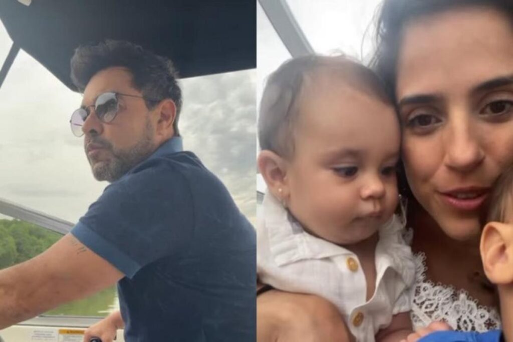 Camilla Camargo e Zezé Di Camargo curtiram em família um dia de lancha