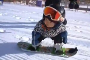 Bebê de 11 meses praticando snowboard