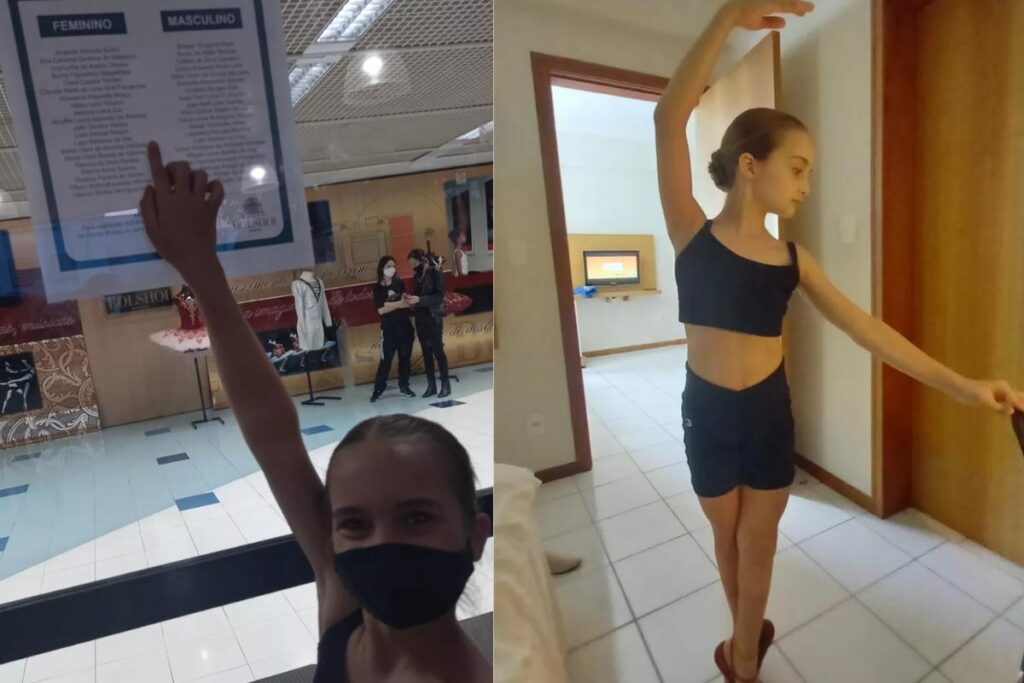 Maria Clara de Almeida Niehues apontando para a lista de aprovados do Bolshoi