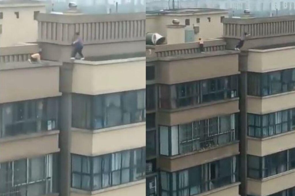 Crianças pulando de um prédio para o outro